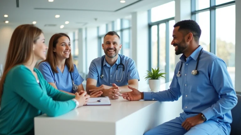 Professional healthcare clinic reception area with diverse staff greeting patients, bright modern interior, welcoming atmosphere, no text or signage visible