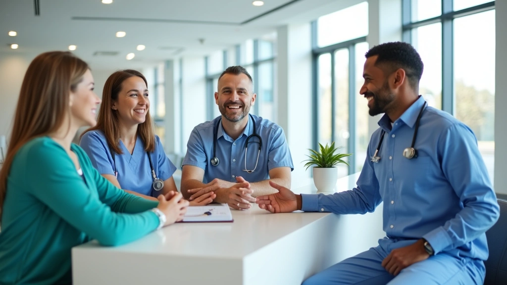 Professional healthcare clinic reception area with diverse staff greeting patients, bright modern interior, welcoming atmosphere, no text or signage visible