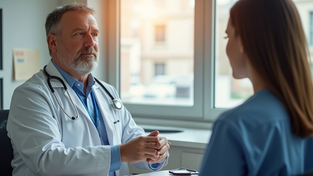 Doctor in white coat consulting with patient in medical office, warm lighting, professional healthcare environment, focus on 
