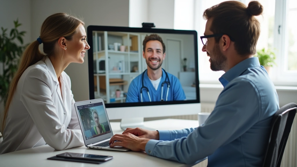 Patient using laptop for virtual telehealth appointment with healthcare provider, home setting, modern computer setup, profes