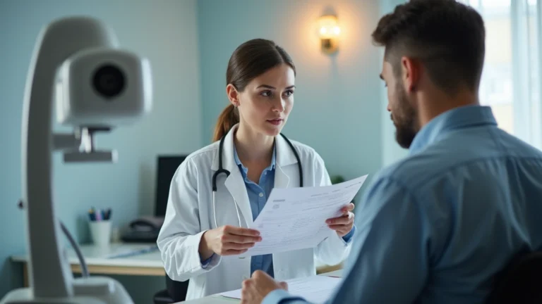 Professional female family medicine physician in white coat reviewing patient chart in modern clinical exam room with warm lighting and medical equipment