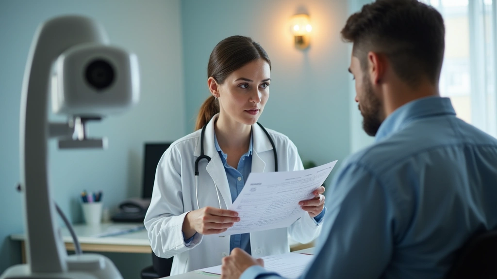 Professional female family medicine physician in white coat reviewing patient chart in modern clinical exam room with warm li