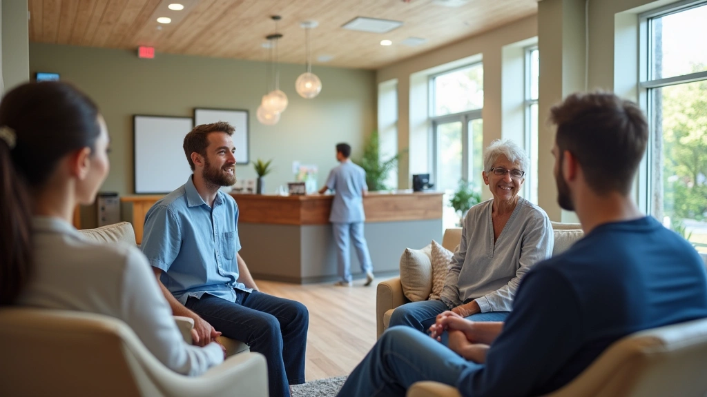 Diverse group of patients in comfortable healthcare waiting area with modern furnishings, natural light, and welcoming recept
