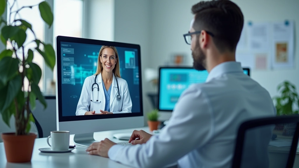 Healthcare provider conducting virtual telehealth consultation on computer with professional medical office background and se