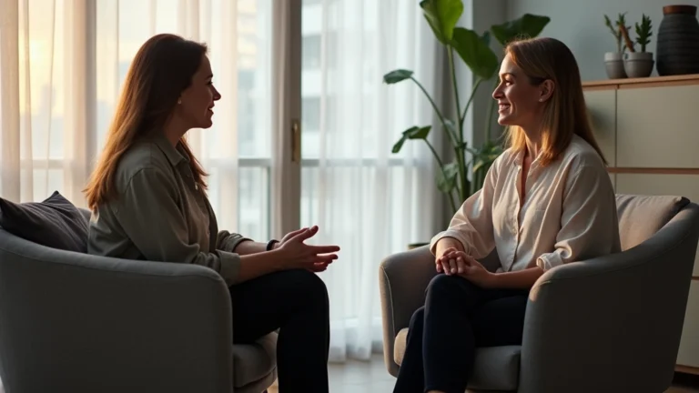 Professional female clinical mental health counselor in modern office setting with client during therapy session, warm lighting, comfortable seating, professional attire