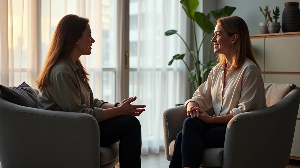 Professional female clinical mental health counselor in modern office setting with client during therapy session, warm lighti