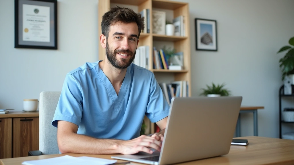 Male therapist working at desk with laptop reviewing patient notes and treatment plans in healthcare clinic environment, orga
