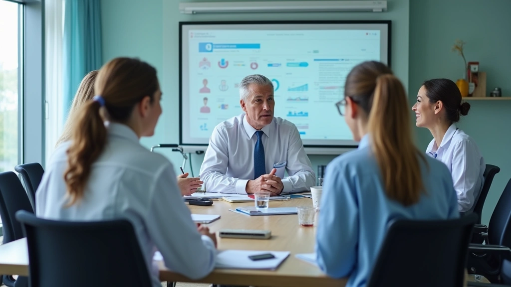 Diverse team of mental health professionals in hospital conference room reviewing case files and treatment outcomes, collabor