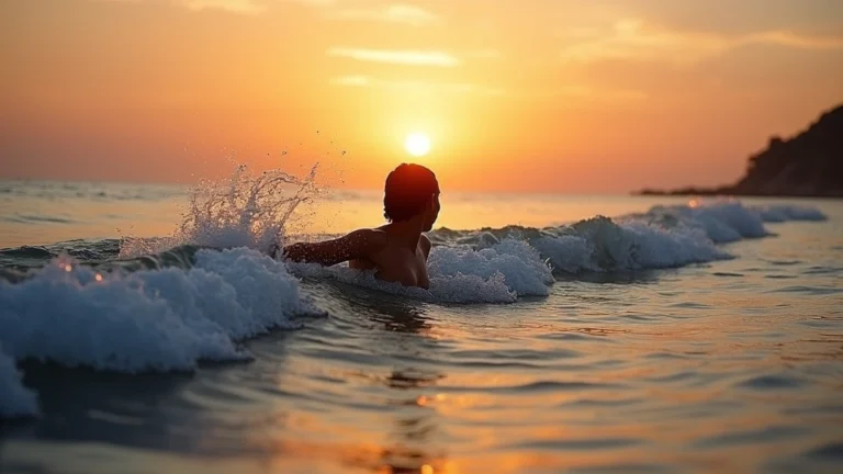 Person swimming in ocean waves during golden hour sunset, calm coastal waters, therapeutic saltwater immersion, professional beach wellness photography