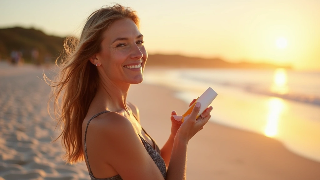 Coastal woman applying sunscreen at beach before sunset, protective skincare routine, realistic outdoor coastal environment, 