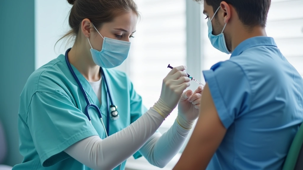 Professional healthcare worker administering vaccine to patient in bright clinical setting with medical equipment visible