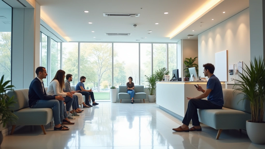 Modern health clinic reception area with diverse patients waiting, clean bright interior with welcoming atmosphere