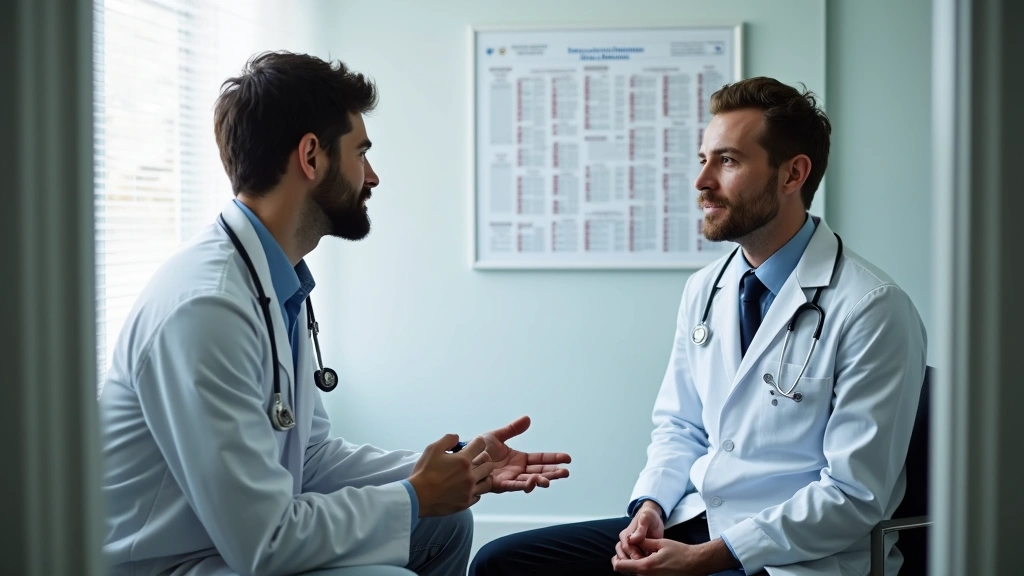 Doctor consulting with patient in private exam room, professional medical setting with health charts on wall
