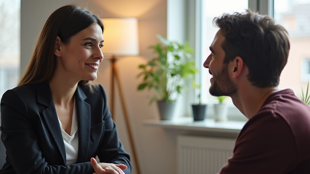 Professional therapist having compassionate conversation with patient during mental health counseling session in modern clinical office setting, warm lighting, patient appears relieved