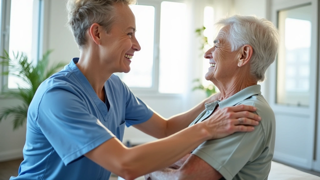 Professional rehabilitation therapist assisting elderly patient with physical therapy exercises in modern facility, bright natural lighting, patient in comfortable clothing