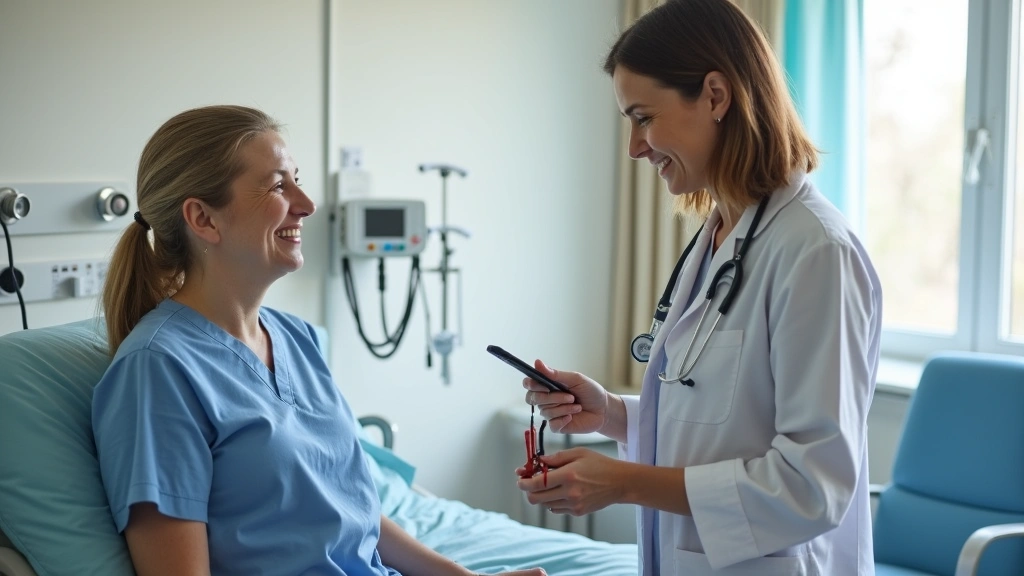 Skilled nurse checking vital signs of patient in clean private room at rehabilitation facility, medical equipment visible, co