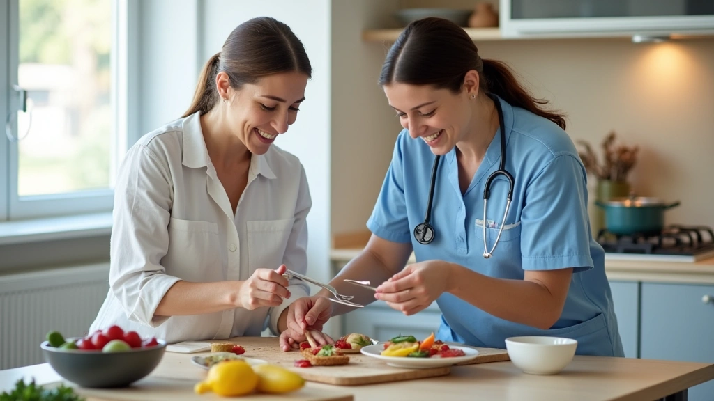 Occupational therapist helping patient practice daily living activities like meal preparation in therapy kitchen, modern reha