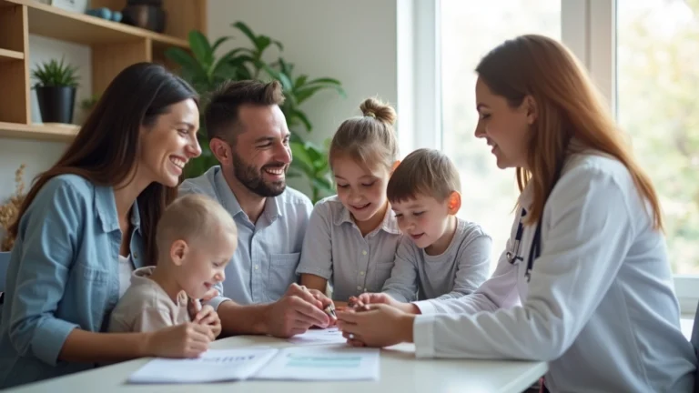 Professional healthcare setting showing diverse family reviewing insurance documents with medical advisor at modern clinic desk, natural lighting, warm professional atmosphere