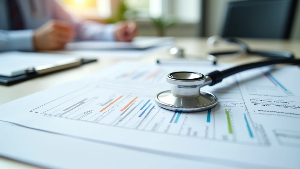 Close-up of insurance card and medical paperwork on desk with stethoscope and clipboard, professional healthcare office backg
