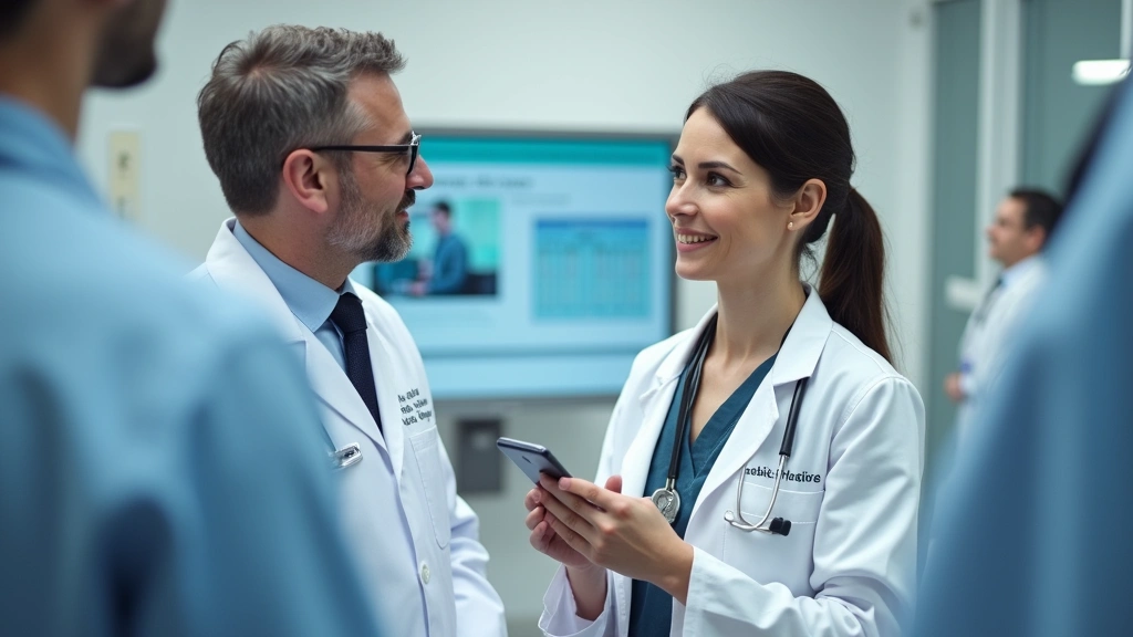 Medical professional in white coat consulting with patient in modern healthcare facility, discussing insurance coverage optio