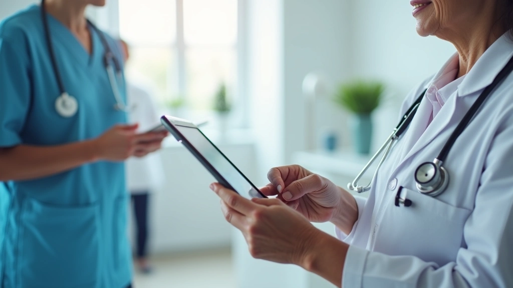 Senior woman using tablet with large text interface in bright medical clinic, hands visible on screen, professional healthcare setting