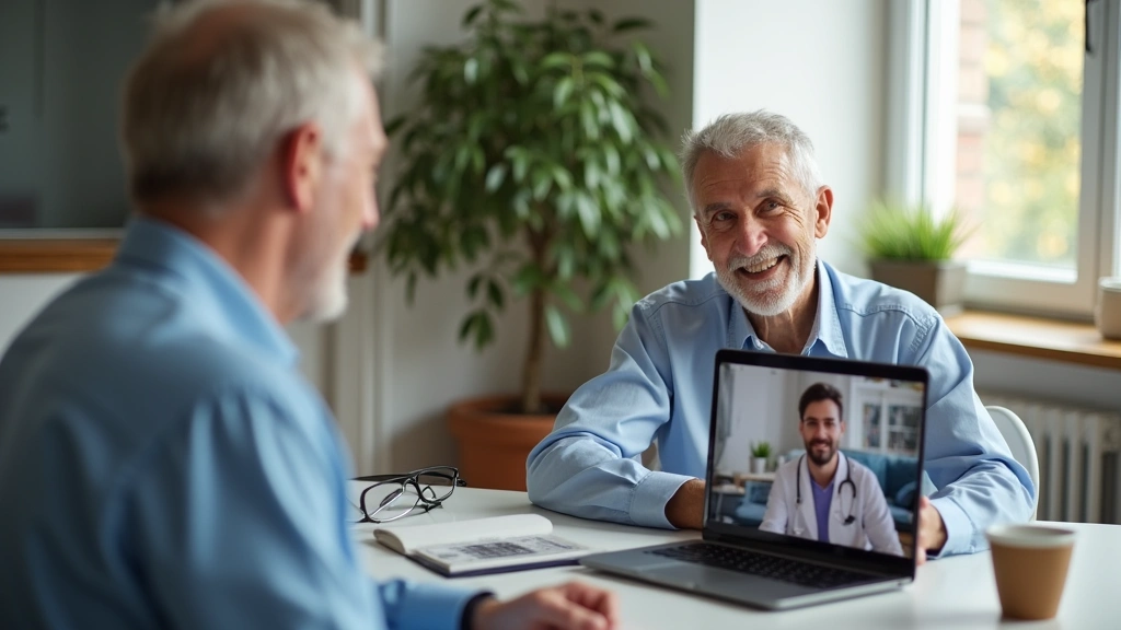 Elderly patient on video call with doctor on laptop, sitting at home desk with good lighting, both smiling and engaged