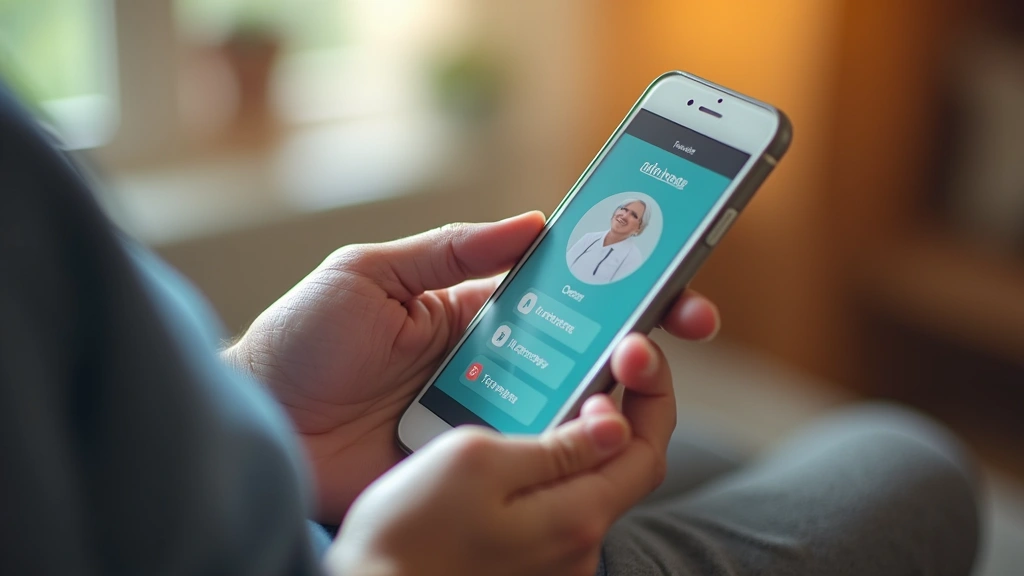 Older adults hands holding smartphone with simplified healthcare app interface, close-up view, warm home environment