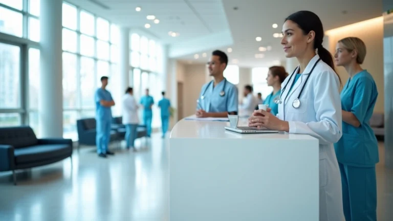 Modern hospital lobby with healthcare professionals at reception desk, bright natural lighting, professional medical environment, diverse staff