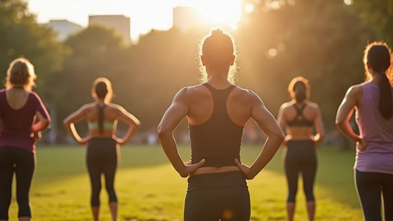 Diverse community members participating in outdoor fitness class in urban park, morning sunlight, inclusive group exercise