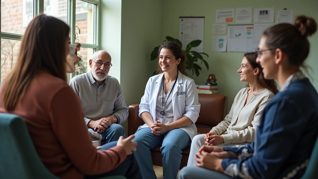 Community health worker conducting health education session with residents in neighborhood clinic, diverse participants engag
