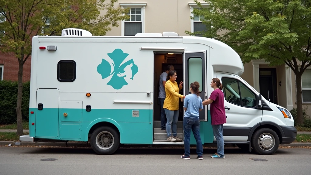 Mobile health clinic van parked in underserved neighborhood with residents accessing healthcare services outside