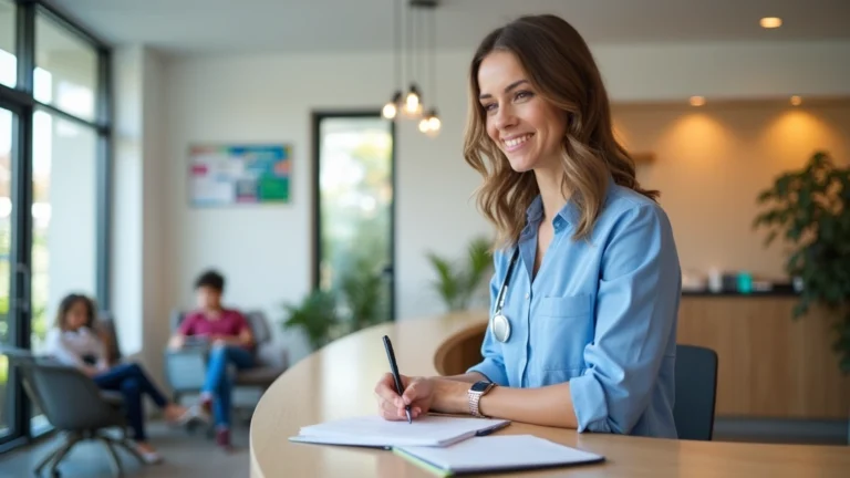 Professional medical receptionist at community health center front desk assisting patient with registration and paperwork, modern clinic interior with comfortable waiting area