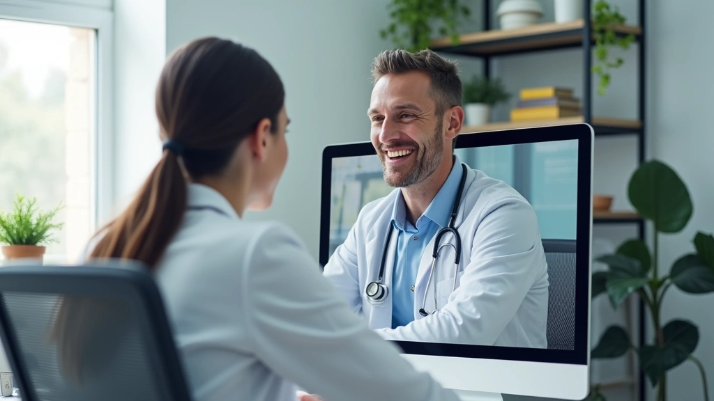 Healthcare provider conducting telehealth video consultation with patient on computer screen in clinical office setting, prof