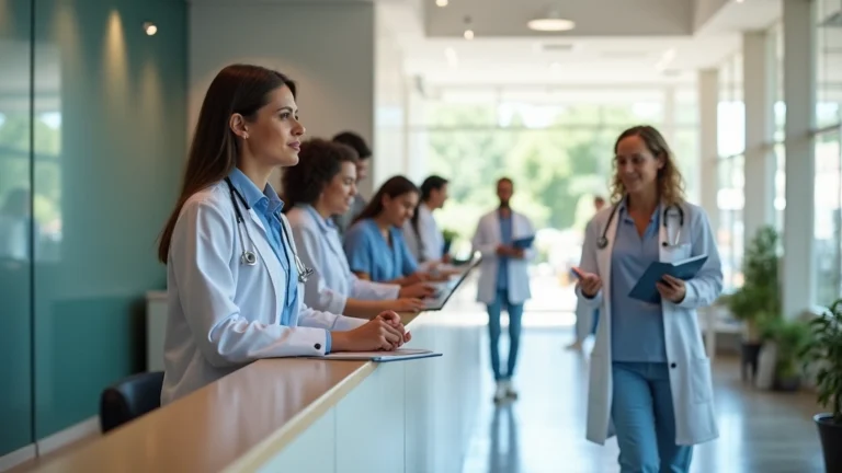 Professional medical clinic receptionist area with diverse patients checking in, modern healthcare facility interior, natural lighting, welcoming environment