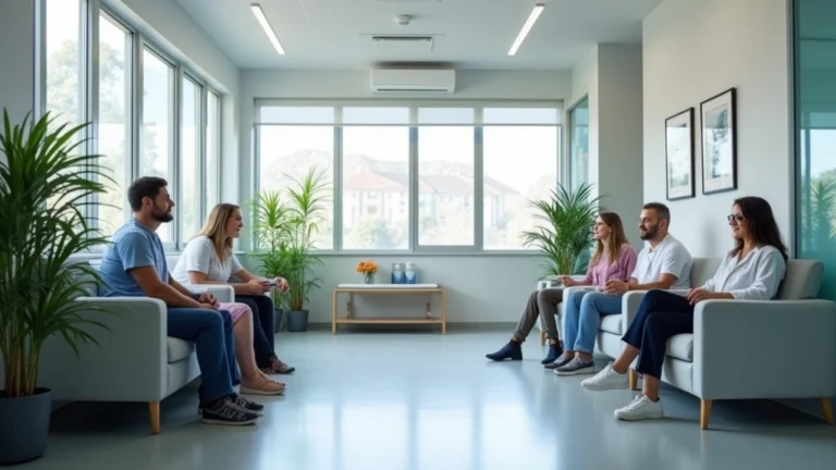 Professional medical clinic interior with diverse patients in waiting room, modern healthcare facility with welcoming atmosphere, natural lighting, clean and organized space