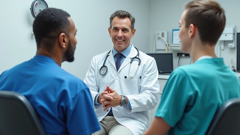 Healthcare provider consulting with patient in examination room, professional medical setting with medical equipment visible,