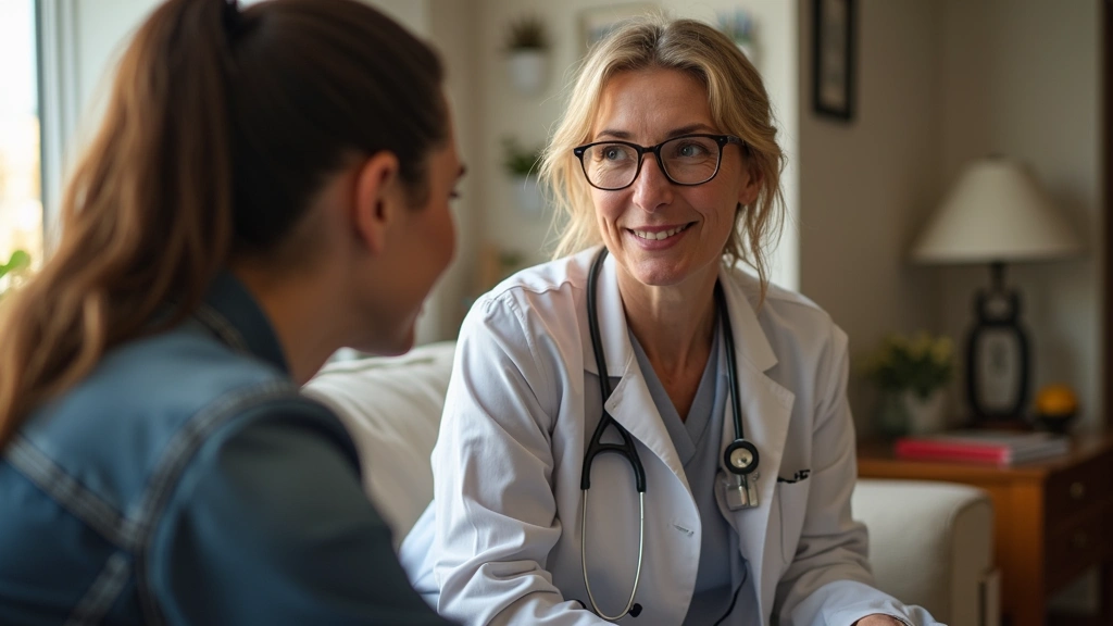 Community health worker in professional attire consulting with patient in home setting, warm lighting, diverse community environment, genuine interaction