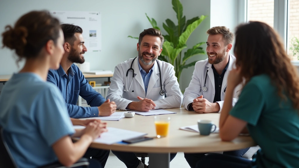 Diverse group of healthcare professionals and community members collaborating at round table, inclusive healthcare meeting, m