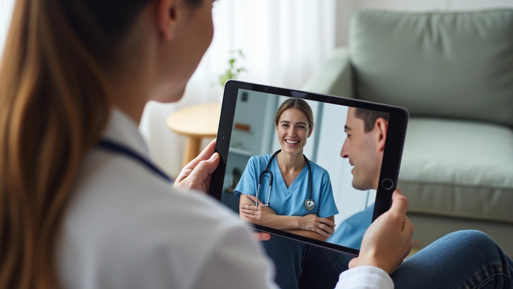 Patient receiving telehealth consultation on tablet with community health worker present, supportive healthcare moment, moder