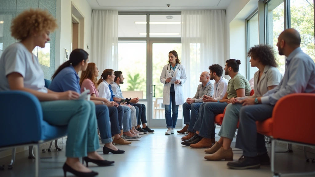 Diverse patients in a modern community health center waiting room, professional medical staff assisting, bright natural lighting, contemporary clinic interior