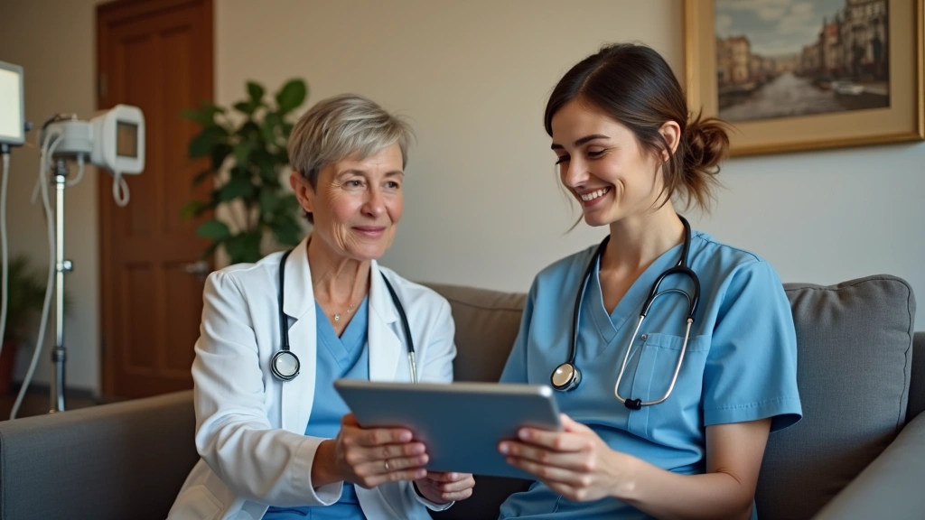 Healthcare provider conducting telehealth consultation on tablet with patient in home setting, warm home environment, profess