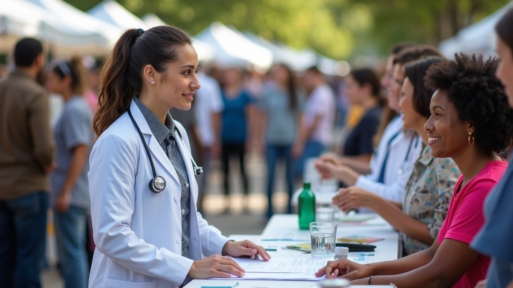 Community health fair with medical screening stations, diverse attendees, health education booths, outdoor setting, professio