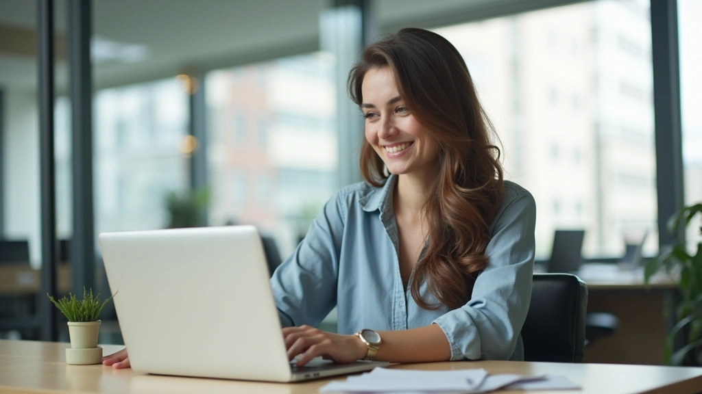 Professional woman sitting in modern office, smiling while looking at laptop screen, natural lighting from window, calm works