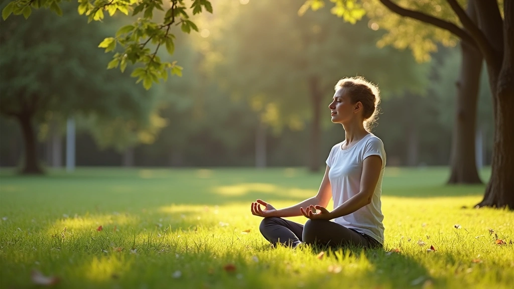 Person practicing mindfulness meditation outdoors in park, sitting peacefully on grass, serene natural setting with trees and