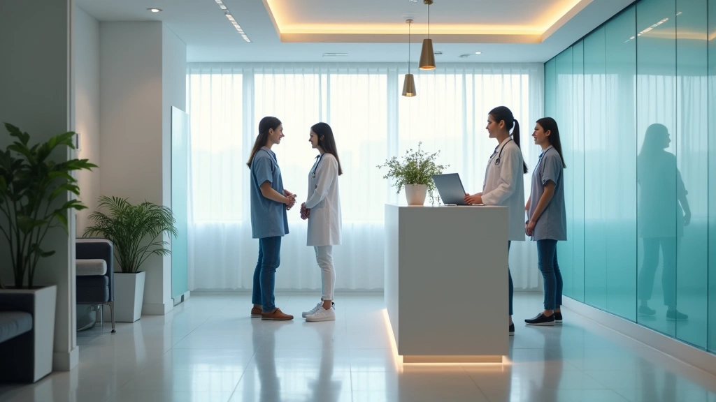 Modern healthcare clinic reception area with welcoming staff checking in patients, bright clean medical office setting, professional atmosphere