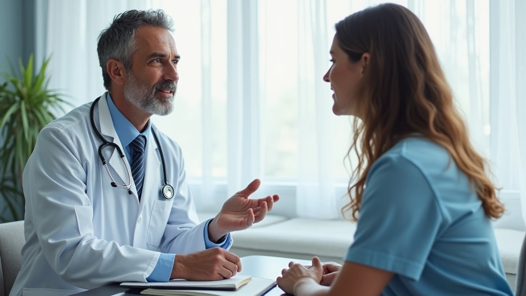 Doctor in white coat speaking with patient during consultation in medical examination room, caring healthcare provider intera