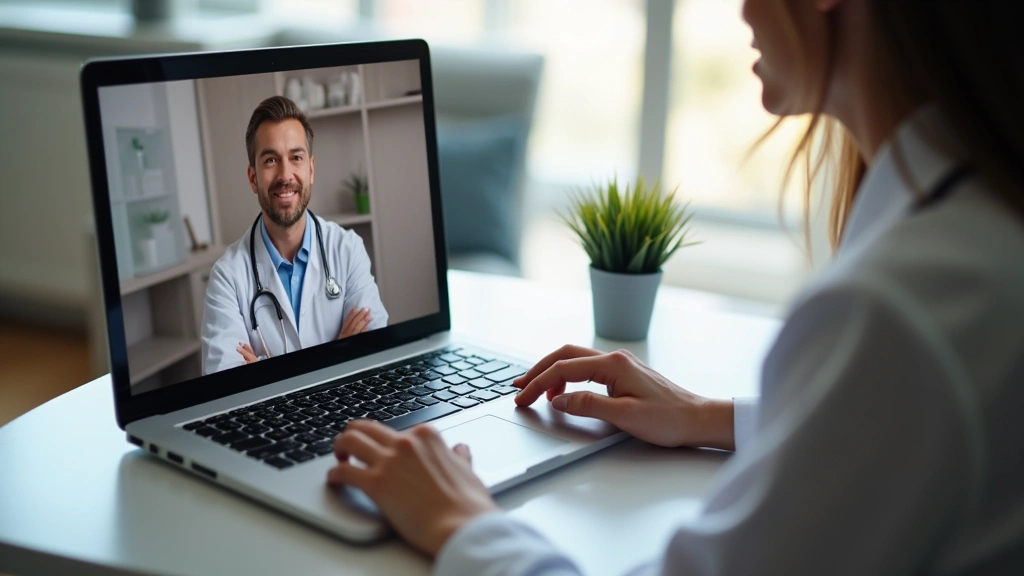 Patient using laptop for virtual telehealth video call with healthcare provider, remote medical consultation at home