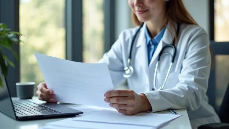 Professional healthcare worker reviewing insurance documents at desk in modern medical office with computer, natural lighting, no text visible