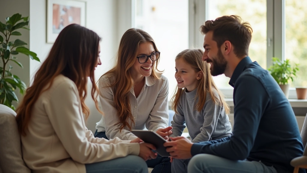 Family of four meeting with healthcare advisor in bright clinic office, reviewing health plan options on tablet, warm profess