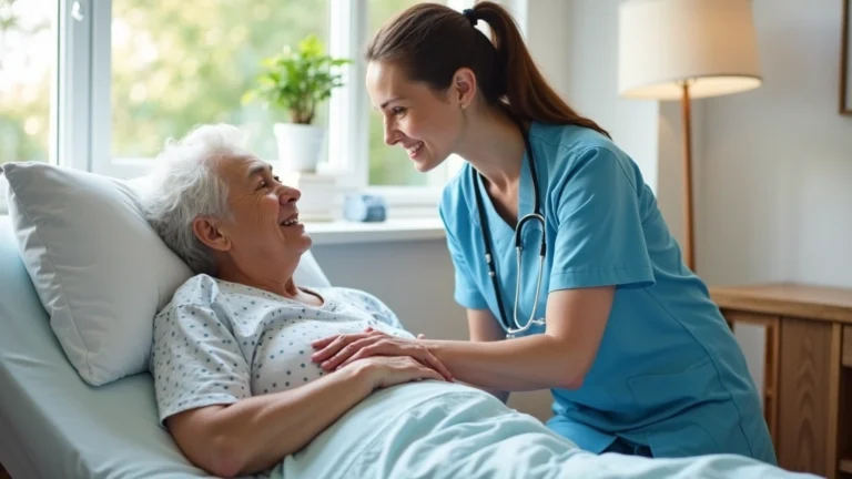 Professional registered nurse providing skilled wound care to elderly patient in home bedroom setting, natural lighting from window, patient comfortable in bed